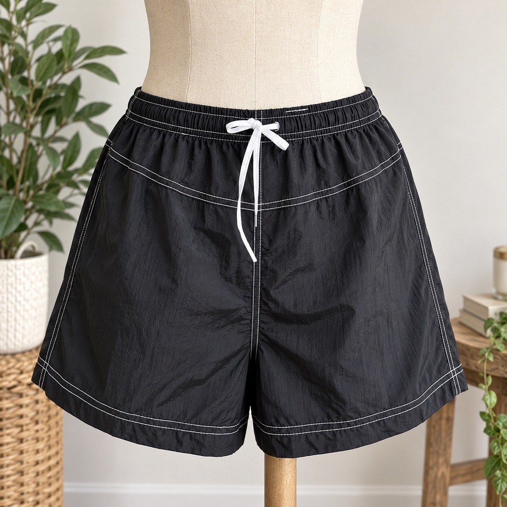 Vintage Jantzen Black Nylon Board Shorts Contrast Stitch Swim Trunks Large